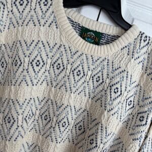 Vintage Jantzen Sweater L USA Cream Blue Geometric Knit‎ Diamond Pattern 90s Dad